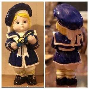 Vintage porcelain Dutch Boy Figurine in Blue and White 12”